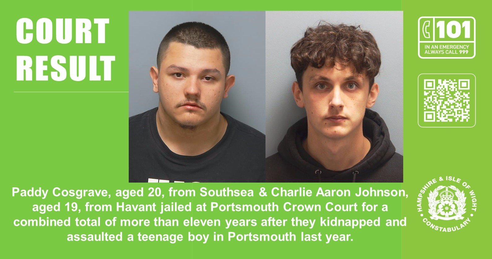 Two men jailed for a combined total of more than eleven years after kidnapping and assaulting a teenager in Portsmouth