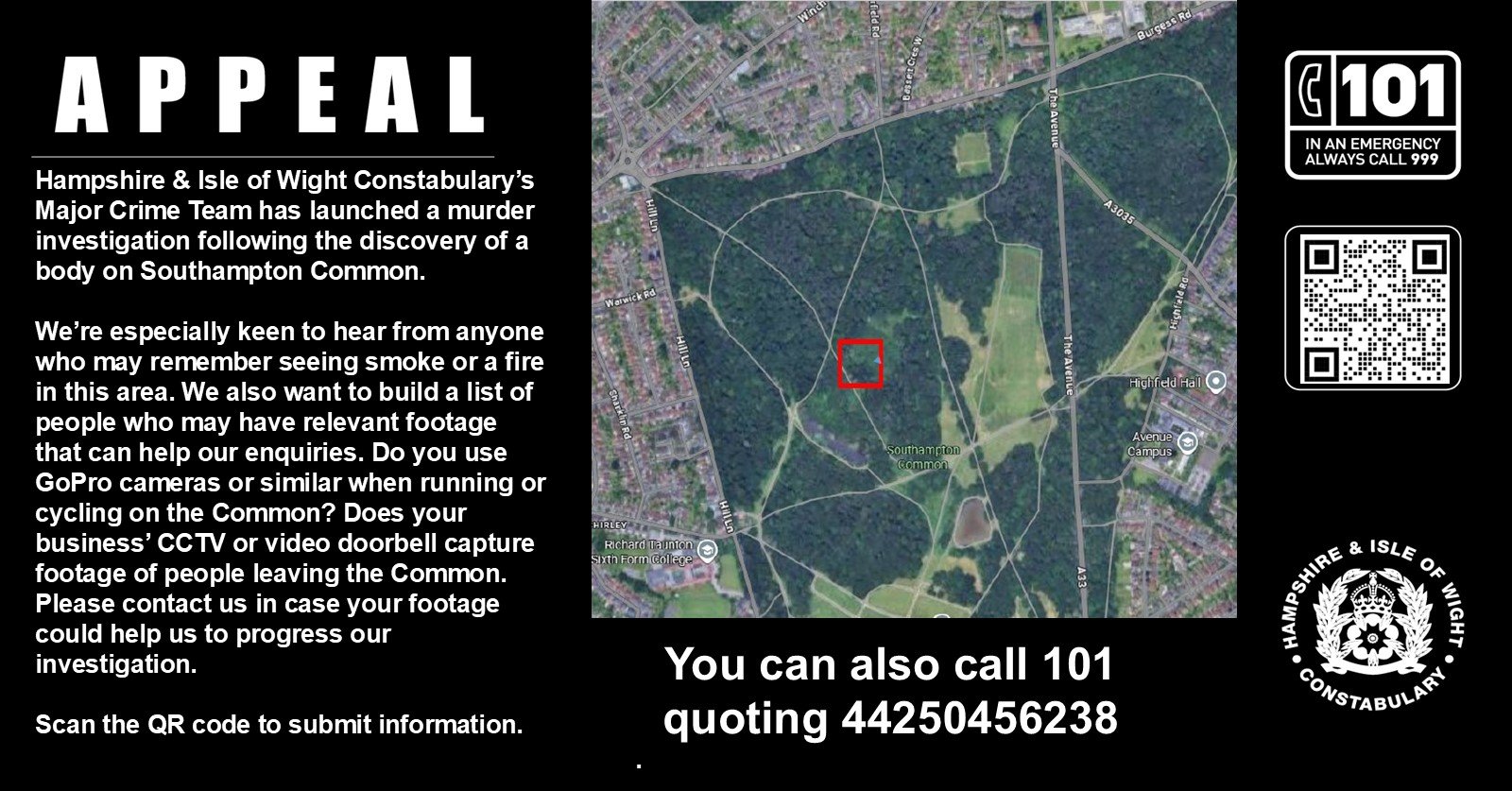 Appeal following discovery of a body on Southampton Common