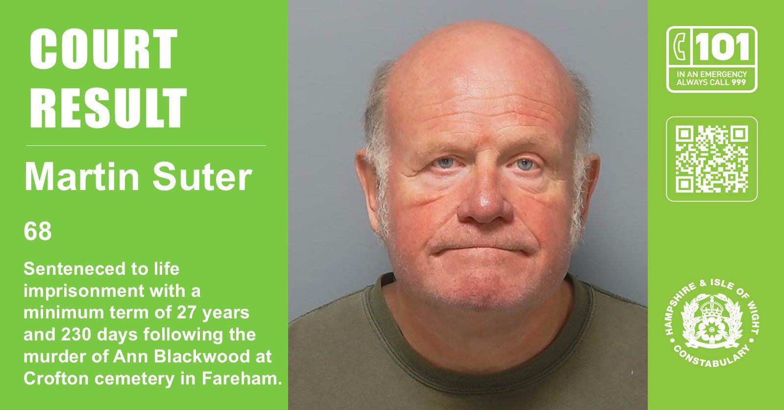 Man sentenced to life imprisonment with a minimum term of 27 years and 230 days following the murder of Ann Blackwood at Crofton cemetery in Fareham.