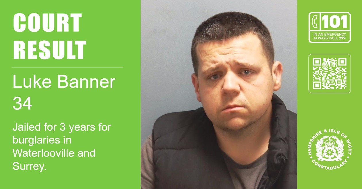 Luke Banner 34, jailed for three years for burglaries in Hampshire and Surrey