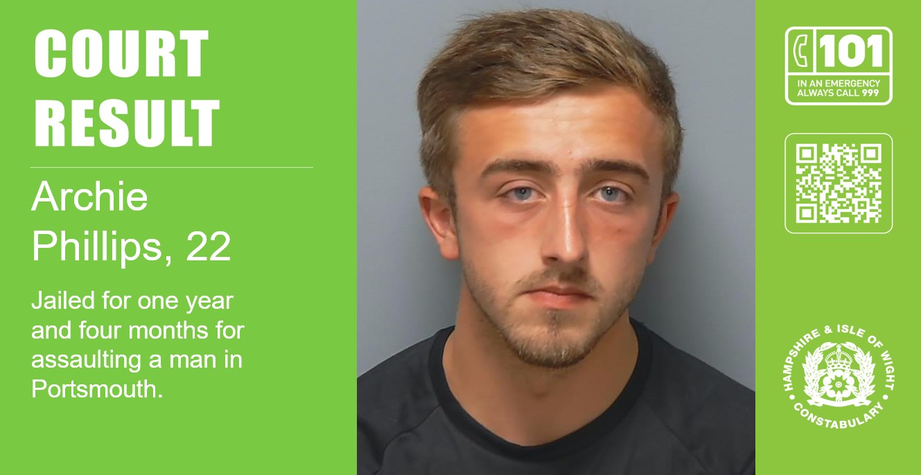 Archie Phillips 22, jailed for violently assaulting a man in Portsmouth