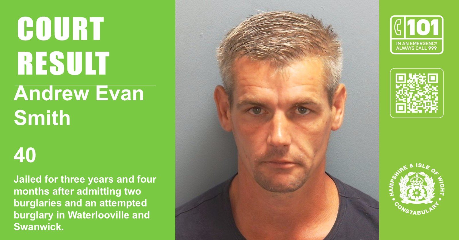 Portsmouth man jailed for three years and four months after admitting two burglaries and an attempted burglary in Waterlooville and Swanwick